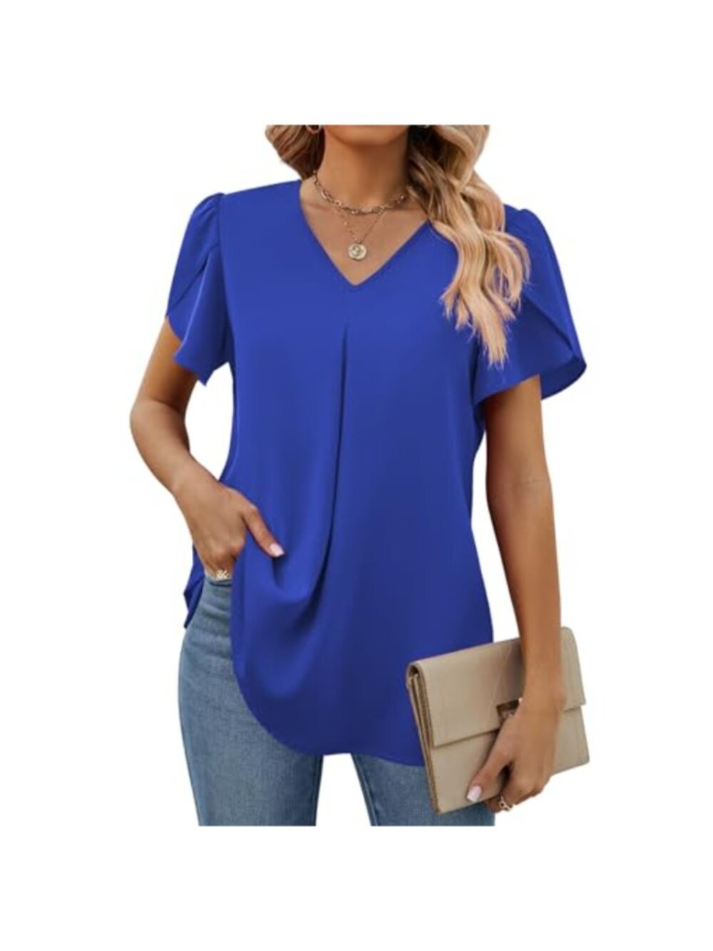 Chiffon V-Neck Short Sleeve Blouse Tunic Loose Fit